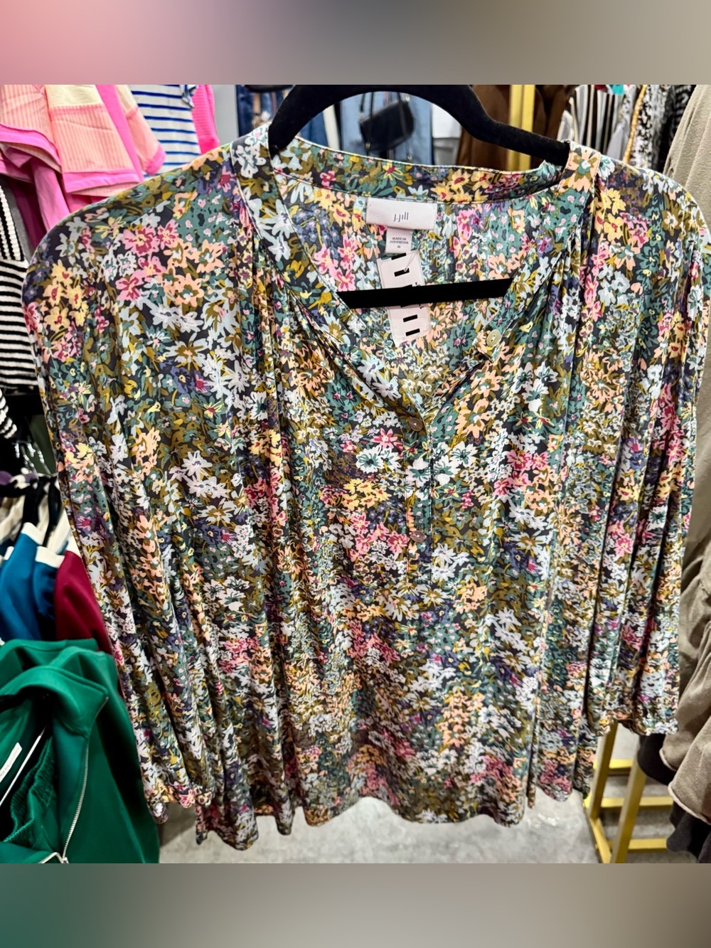 J. Jill Floral V-Neck Blouse — Green, Pink, White, Yellow